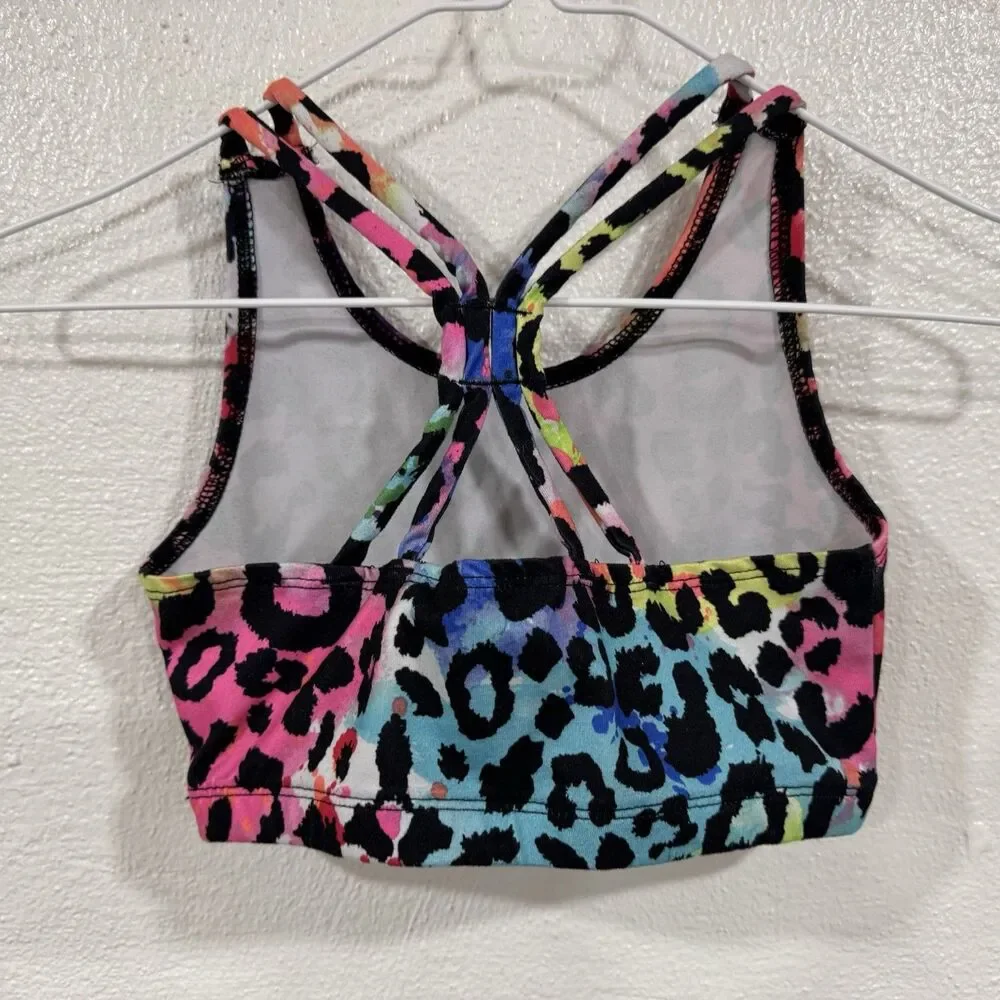 Rainbow Leopard Print Sports Bra Crop Top Criss Cross Back Athletic Neon
